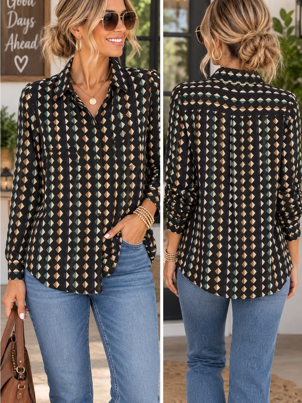 Tulip B Women's Black Geometric Button-Down Shirt